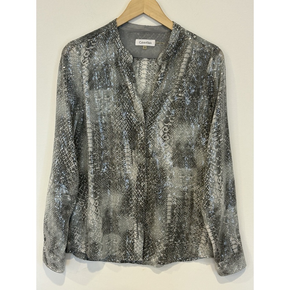 CALVIN KLEIN LIGHTWEIGHT LONG‎ SLEEVE TOP GRAY SNAKESKIN PRINT WOMEN SIZE MED